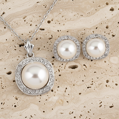 Bridal Rhinestone Pearl Necklace Earring Set