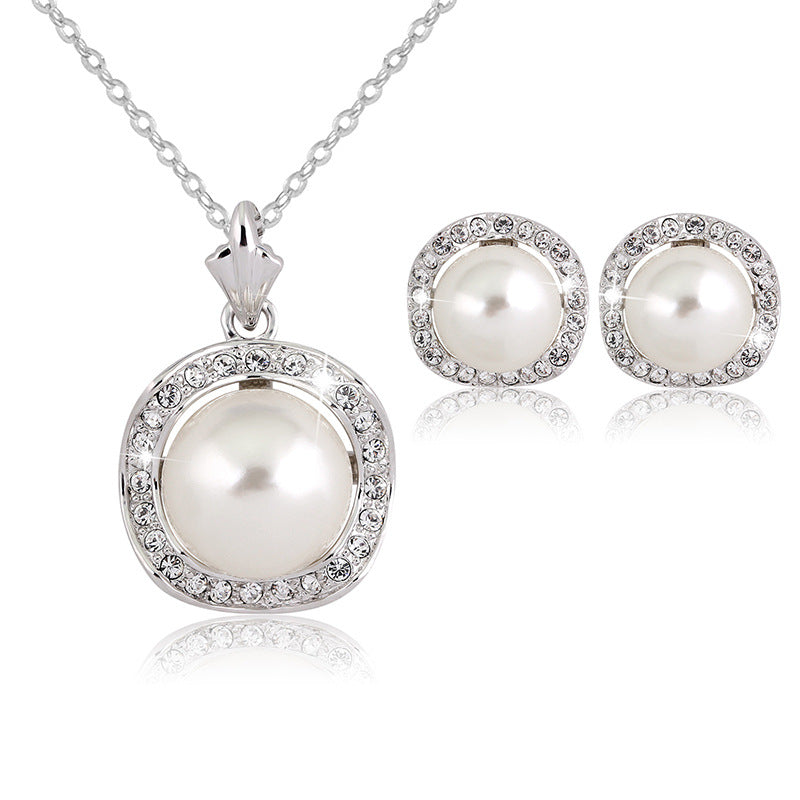 Bridal Rhinestone Pearl Necklace Earring Set - August Bloom