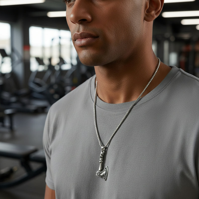 Mens Pendant Necklace Jewelry for Men with 23.6 Stainless Steel Square Pearl Chain (axe pendant) axe pendant