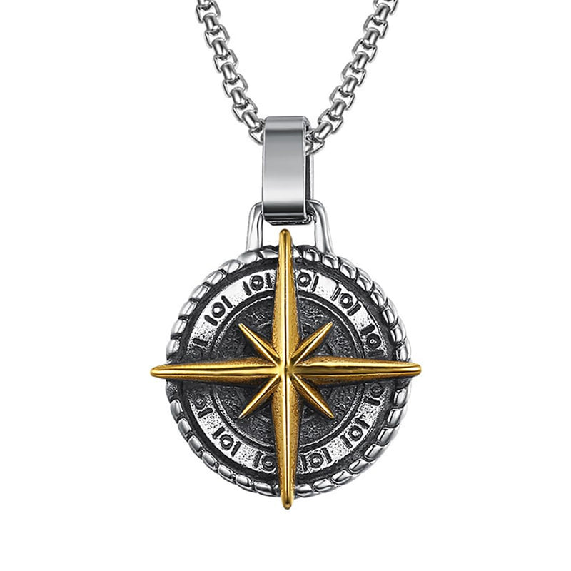 Mens Pendants Necklaces Jewelry for Adults with 23.6 Stainless Steel Square Pearl Chain (022-Golden Compass Necklaces) 022-Golden Compass Necklaces