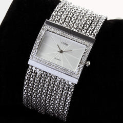 Fashion Square Women's Watch with Rhinestone Bracelet CU Silver